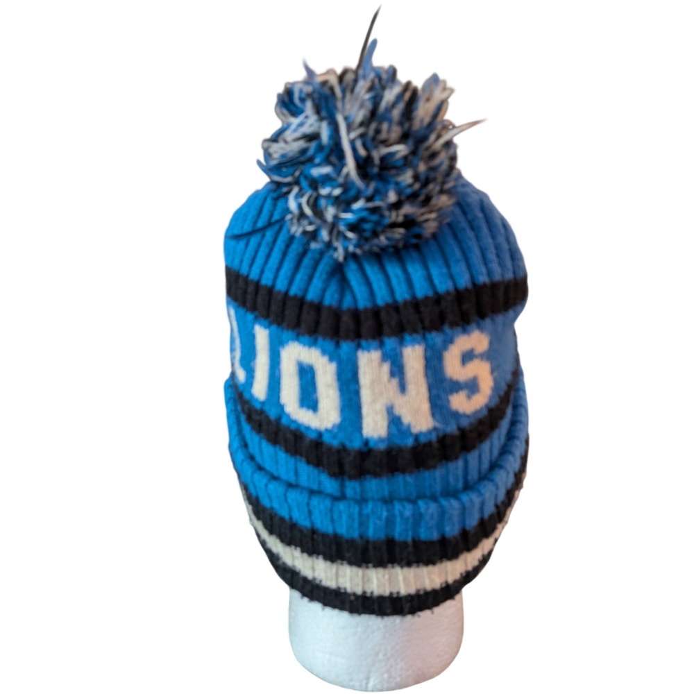 Detroit‎ Lions NFL Knit Beanie Hat Blue Black Striped Pom Cuffed Mens One Size - Picture 4 of 4
